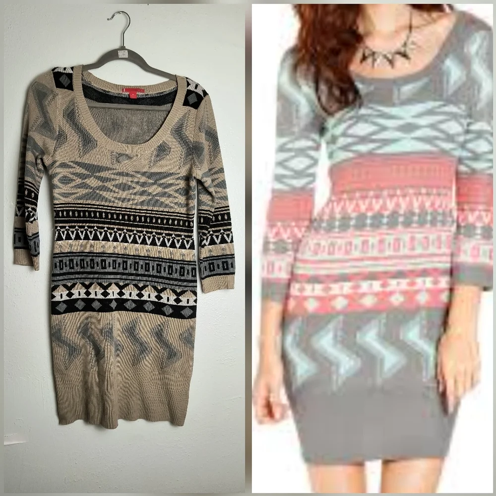Liv Southwestern Print Knit Sweater Dress Women's Size M Tan Casual